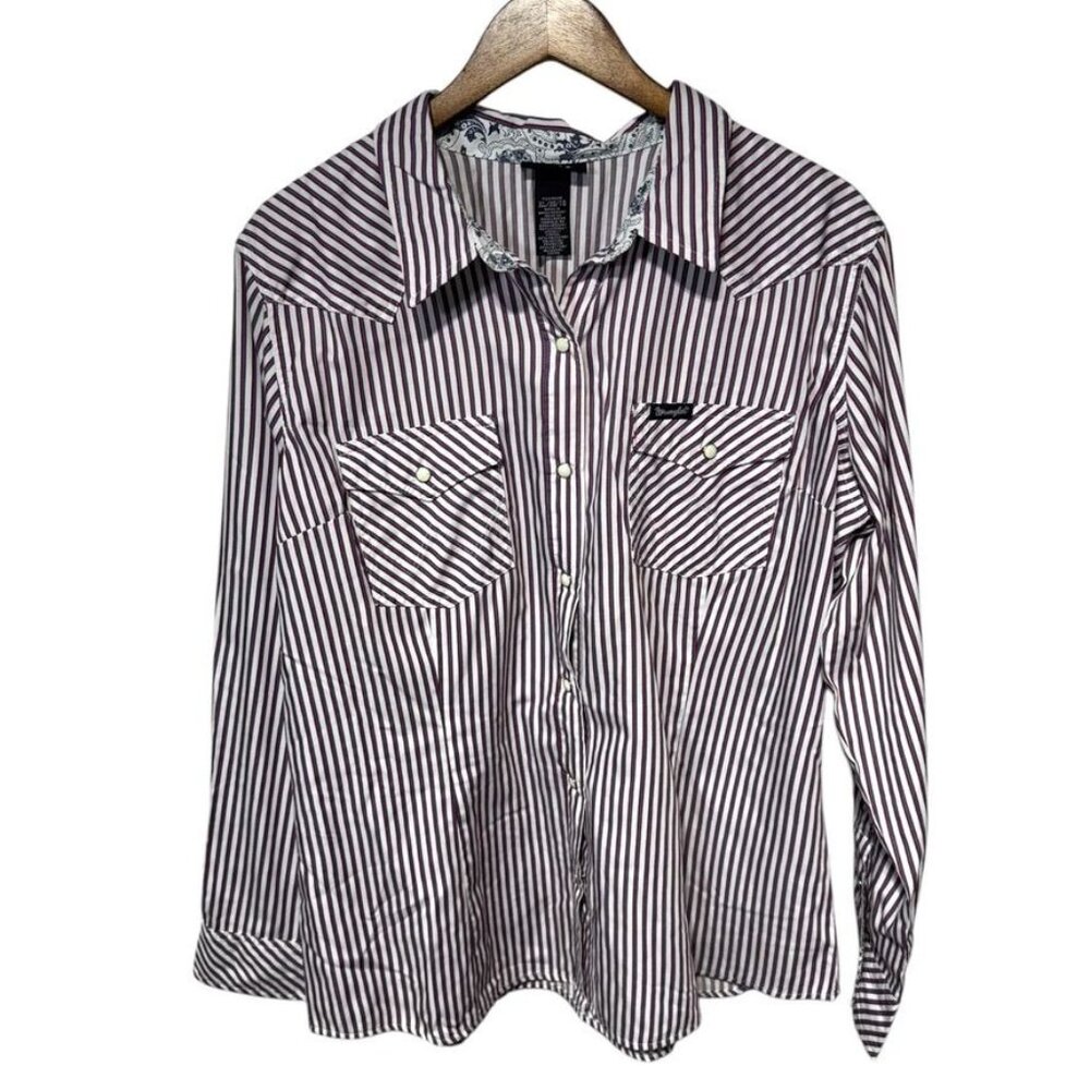 Wrangler Women’s Striped Button-Up Shirt Burgundy and White